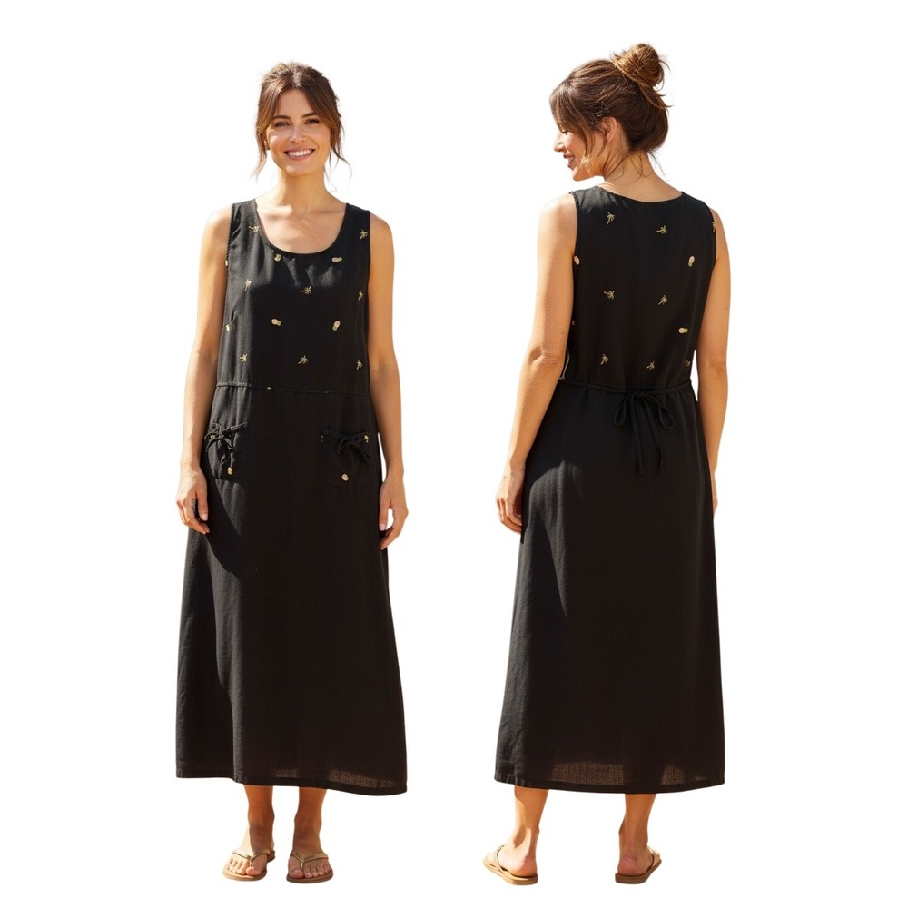 AKS Amy K Su Vintage 90s Black Tencel Maxi Dress Tropical Palm Tree Pineapple L